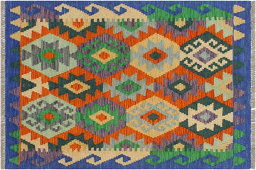 Flat Weave Kilim, Antique, Navaho, Vintage, Handmade, Geometric Kilim Rust Blue Hand-Woven Rectangle 100% Wool Area Rug 3 x 3